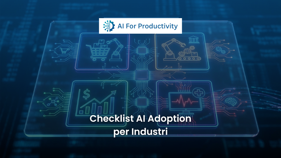 Empat panel grafis menunjukkan ikon Kecerdasan Buatan yang diterapkan di sektor retail, pabrik manufaktur, grafik perbankan, dan detak jantung rumah sakit.