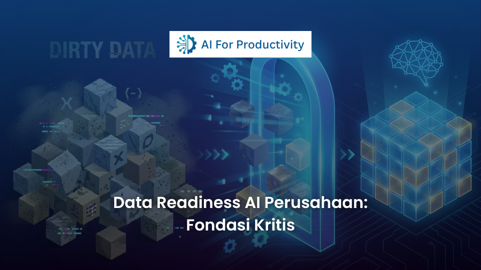 Ilustrasi blok-blok data digital yang kotor dibersihkan melewati filter cahaya biru menjadi fondasi kokoh untuk Kecerdasan Buatan.