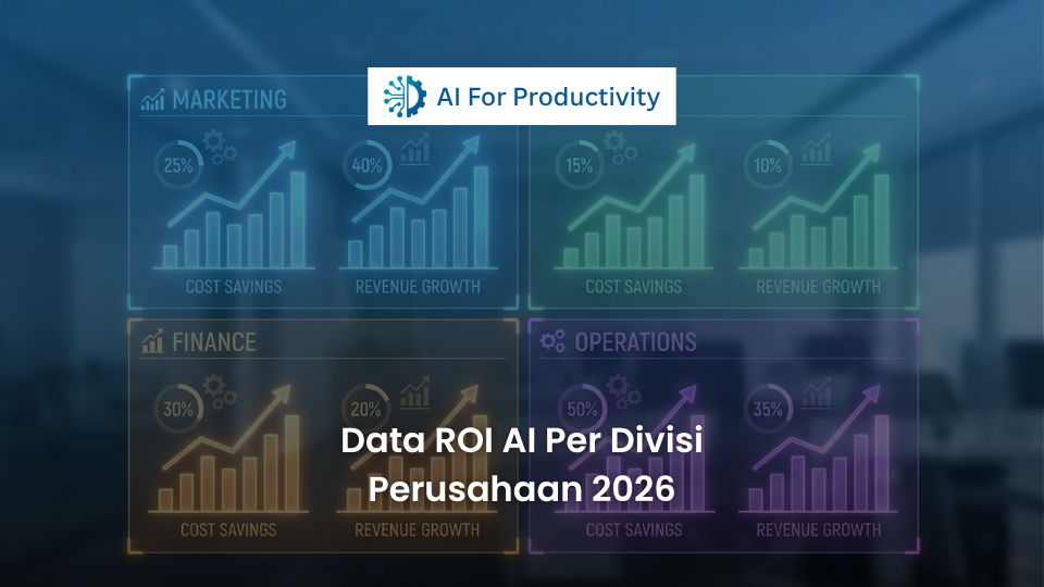 Empat grafik batang digital yang mewakili kenaikan persentase efisiensi Kecerdasan Buatan di divisi Pemasaran, HRD, Keuangan, dan Operasional.