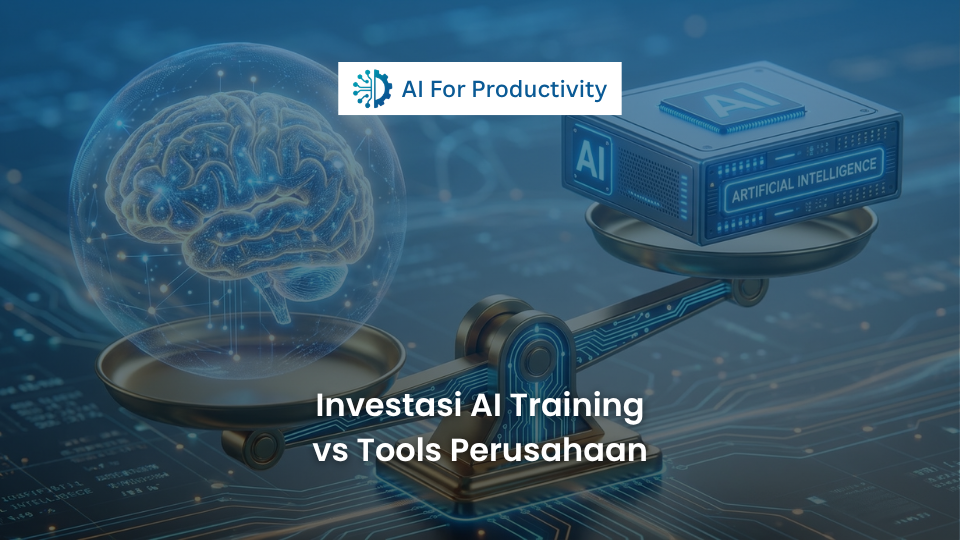 Timbangan emas yang menyeimbangkan antara otak manusia bercahaya dan kotak perangkat lunak Kecerdasan Buatan.