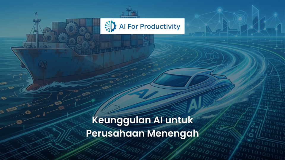 Ilustrasi perahu motor cepat (speedboat) berlogo Kecerdasan Buatan menyalip kapal pesiar raksasa yang bergerak lambat di lautan data.