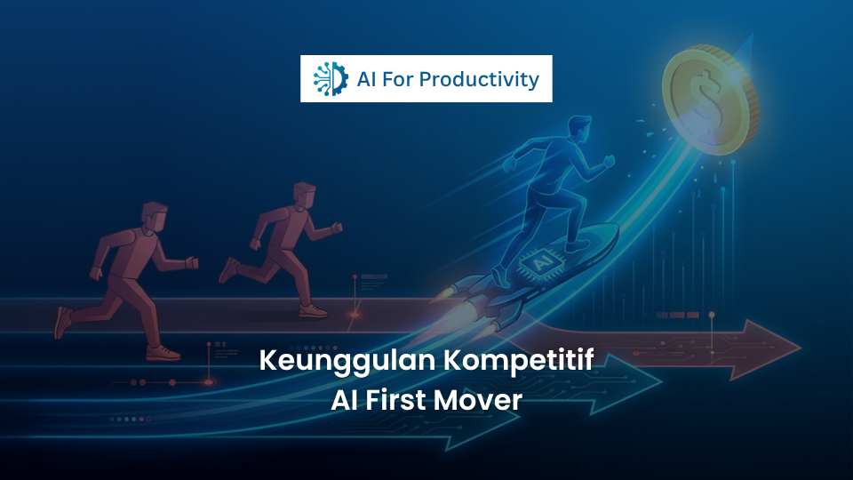 Dua pelari digital di lintasan lari, di mana pelari 'First Mover' melesat dengan roket bertenaga AI meninggalkan pelari konvensional.