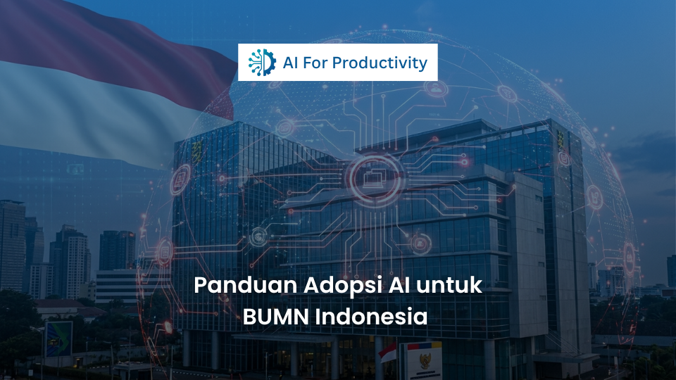 Gedung perkantoran BUMN dengan proyeksi jaringan Kecerdasan Buatan dan bendera merah putih di latar belakang.