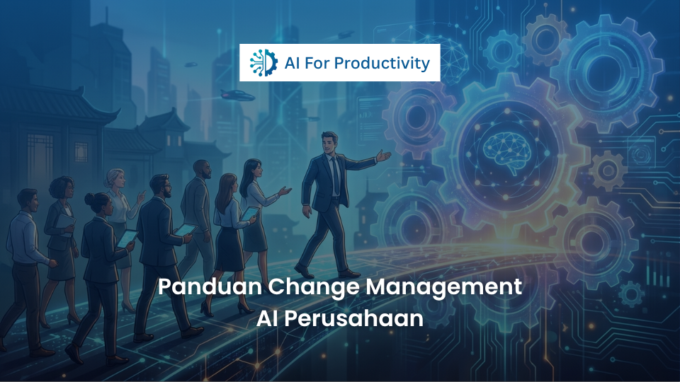 Ilustrasi seorang pemimpin perusahaan memandu karyawannya melangkah melewati roda gigi transisi Kecerdasan Buatan yang menyala.