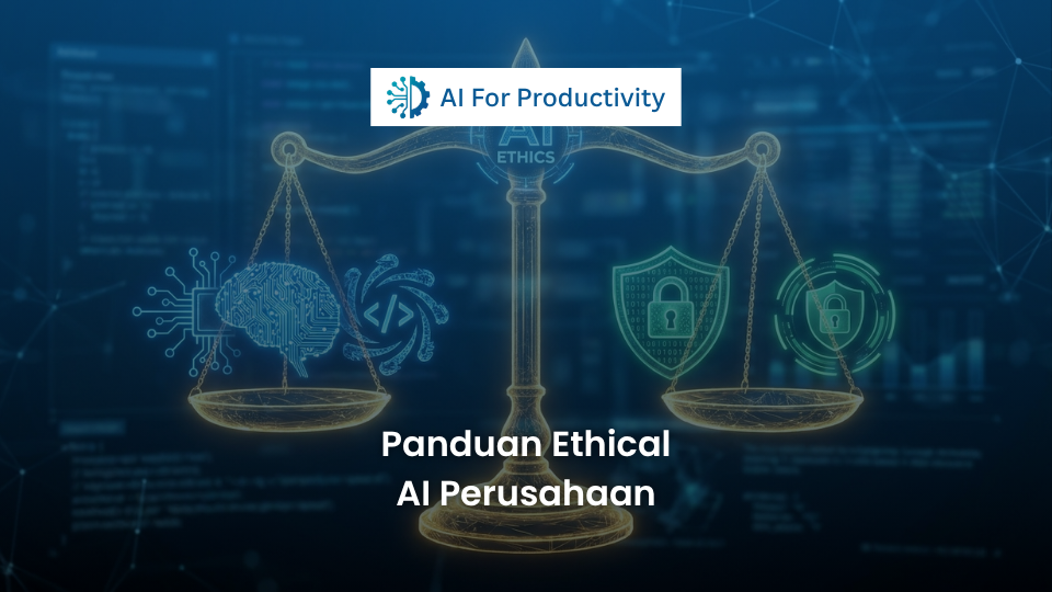 Timbangan keadilan digital menyeimbangkan antara logo otak Kecerdasan Buatan dan perisai privasi data keamanan hukum.