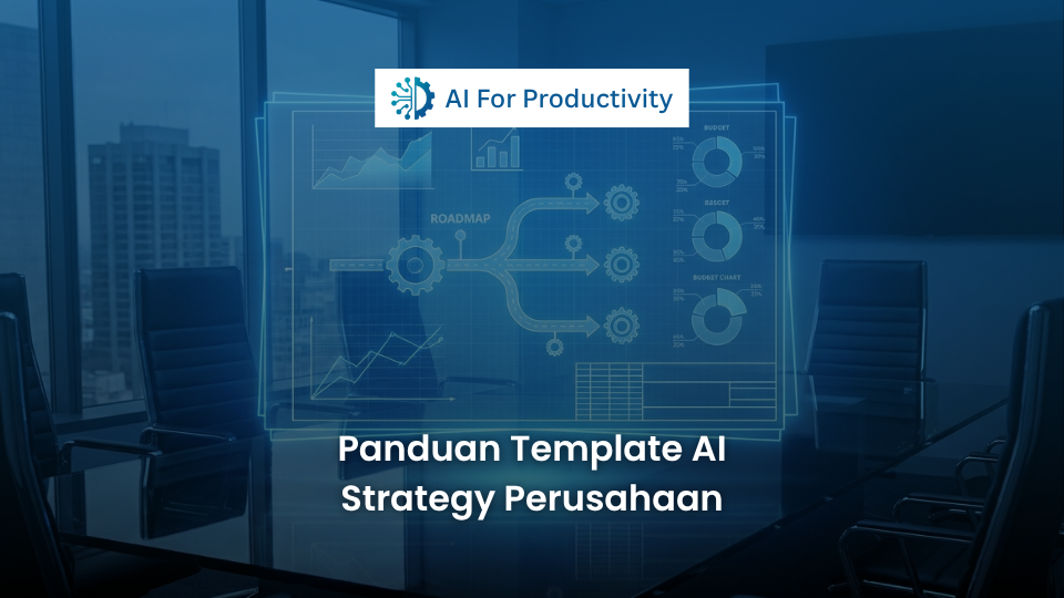 Dokumen cetak biru (blueprint) template AI strategy perusahaan di atas meja rapat direksi yang disinari cahaya biru digital.
