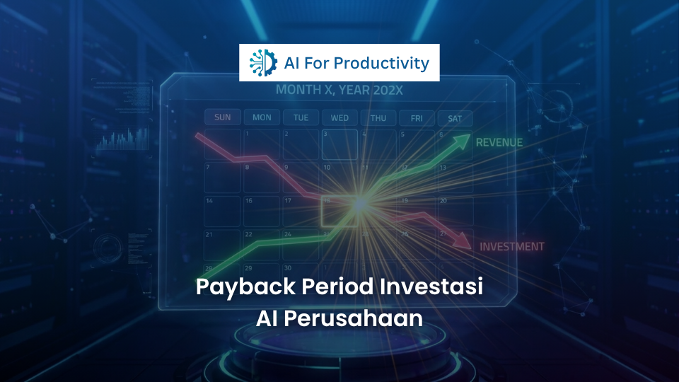 Kalender digital holografik yang menunjukkan target bulan pengembalian modal (Break-Even Point) dari investasi Kecerdasan Buatan.