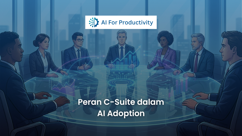 Ilustrasi jajaran direksi (C-Suite) yang duduk mengelilingi meja bundar holografik yang menampilkan visualisasi data Kecerdasan Buatan.