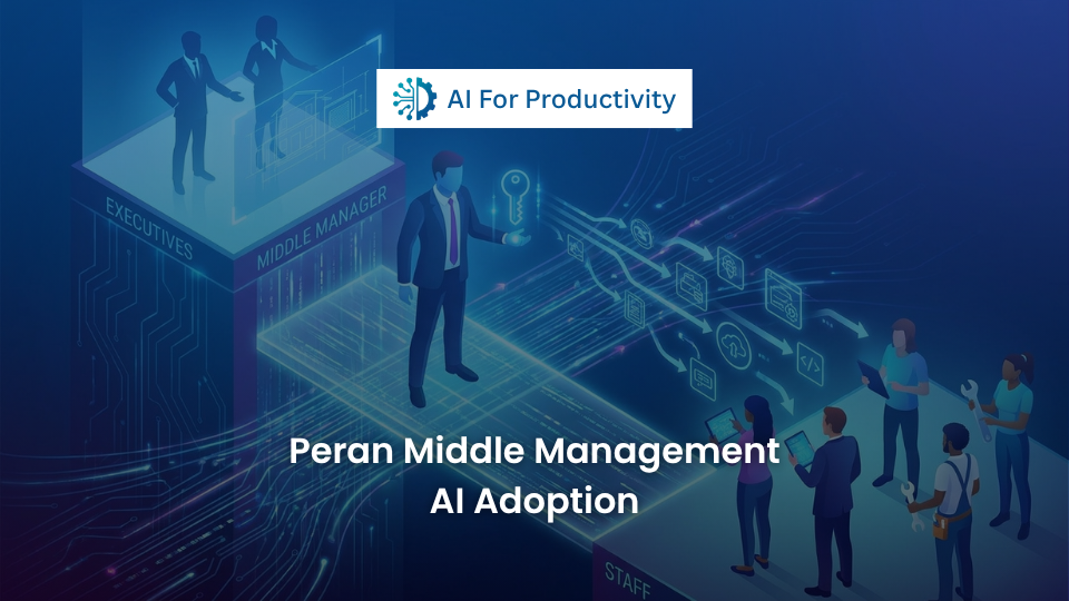 Ilustrasi manajer madya memegang kunci digital yang menghubungkan strategi eksekutif dan eksekusi staf.