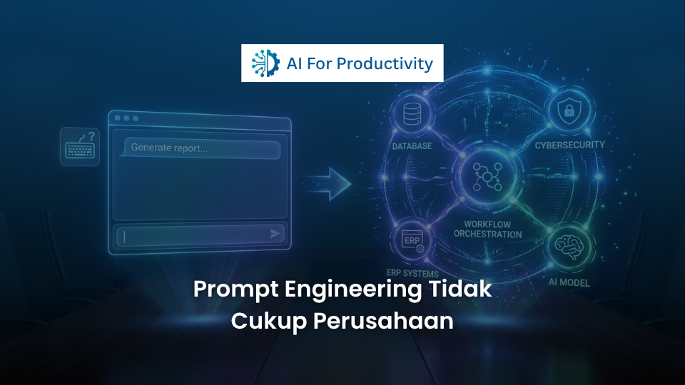 Diagram holografik yang menunjukkan evolusi dari sekadar mengetik prompt menjadi perancangan ekosistem alur kerja Kecerdasan Buatan yang terintegrasi.