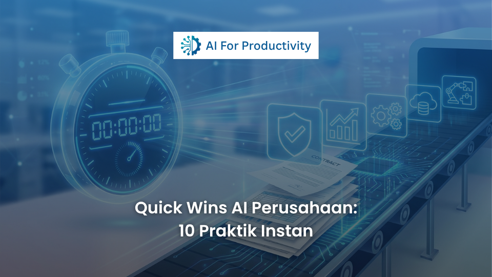 Ilustrasi stopwatch digital menyala biru disandingkan dengan deretan ikon tugas kantor yang selesai secara otomatis.