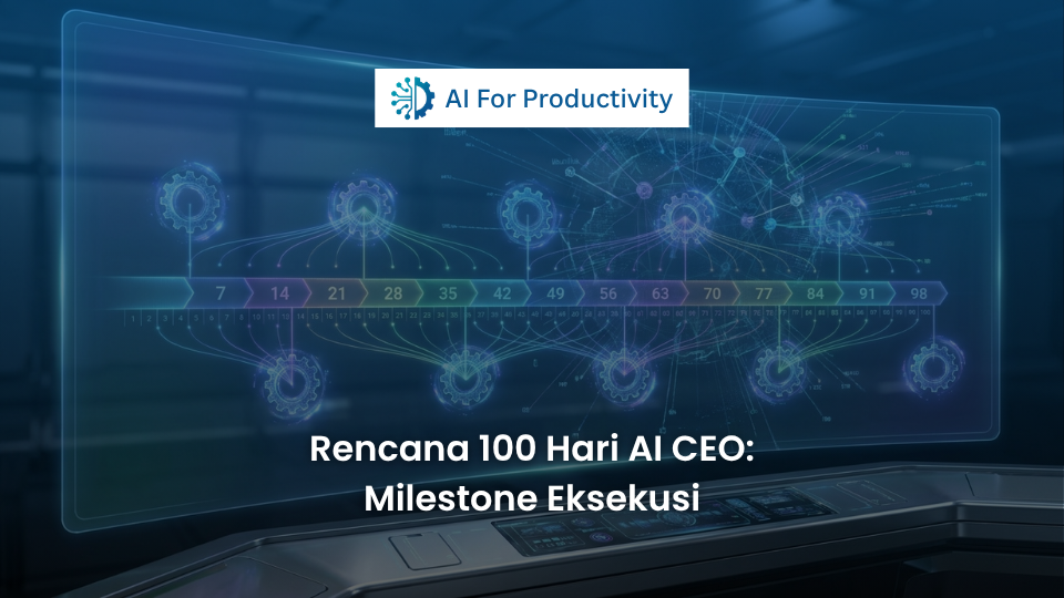 Kalender taktis 100 hari dengan penanda milestone mingguan yang terhubung dengan grafik Kecerdasan Buatan.