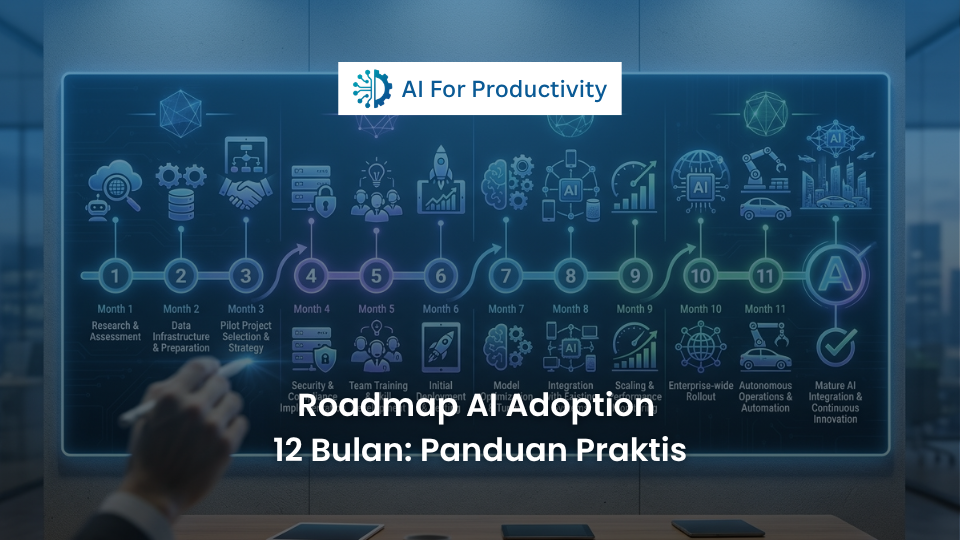 Grafis lini masa (timeline) 12 bulan untuk adopsi AI di perusahaan yang dibagi menjadi empat kuartal strategis.