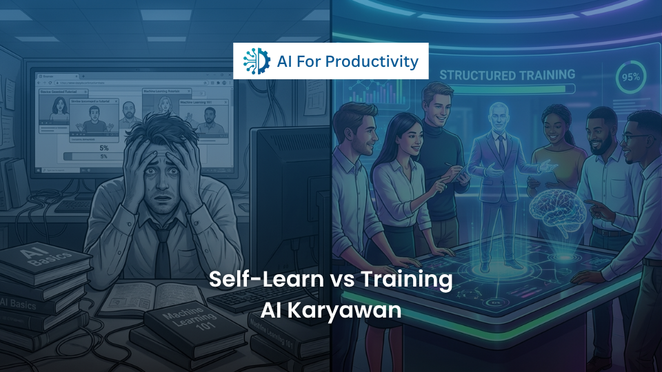 Perbandingan visual antara karyawan yang kebingungan belajar AI sendirian versus tim yang dilatih secara profesional dan terstruktur.
