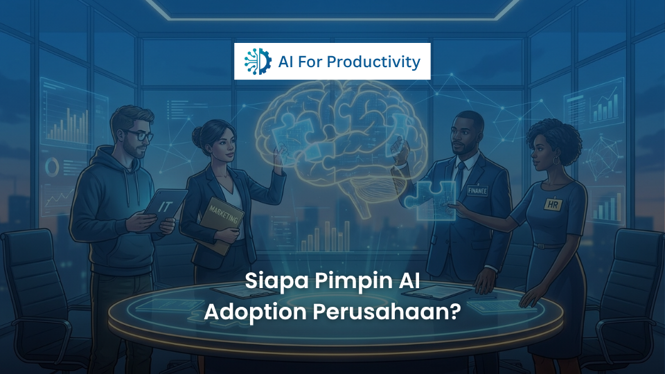 Ilustrasi sekelompok eksekutif dari berbagai departemen menyatukan potongan puzzle digital yang membentuk otak Kecerdasan Buatan.