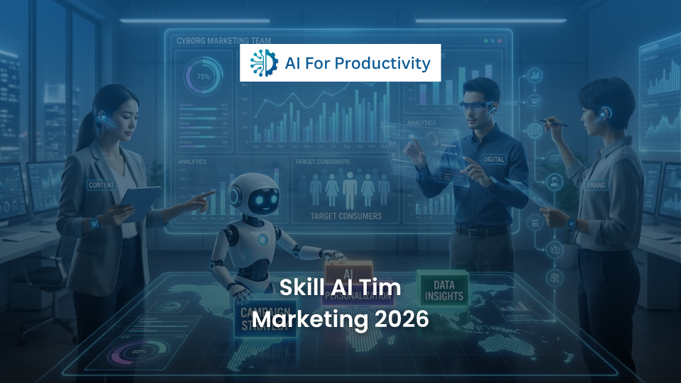 Tim pemasaran digital masa depan yang berkolaborasi dengan asisten Kecerdasan Buatan untuk merancang kampanye strategis.