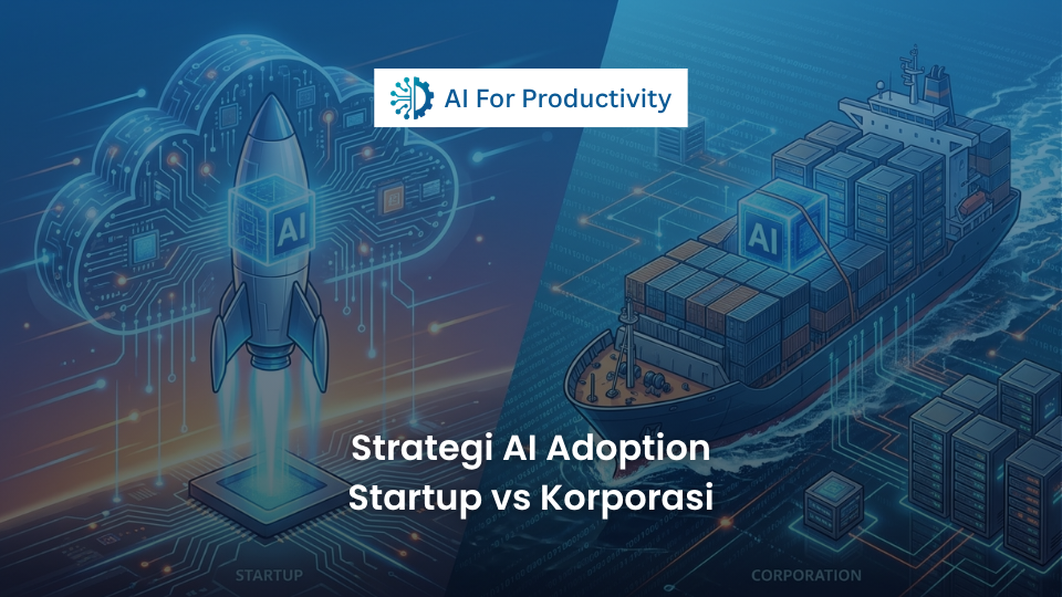 Ilustrasi perbandingan antara roket kecil digital dan kapal kargo raksasa yang masing-masing membawa kubus Kecerdasan Buatan.
