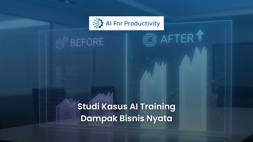 Grafik batang holografik yang membandingkan lonjakan produktivitas sebelum dan sesudah karyawan mengikuti Corporate AI Training.