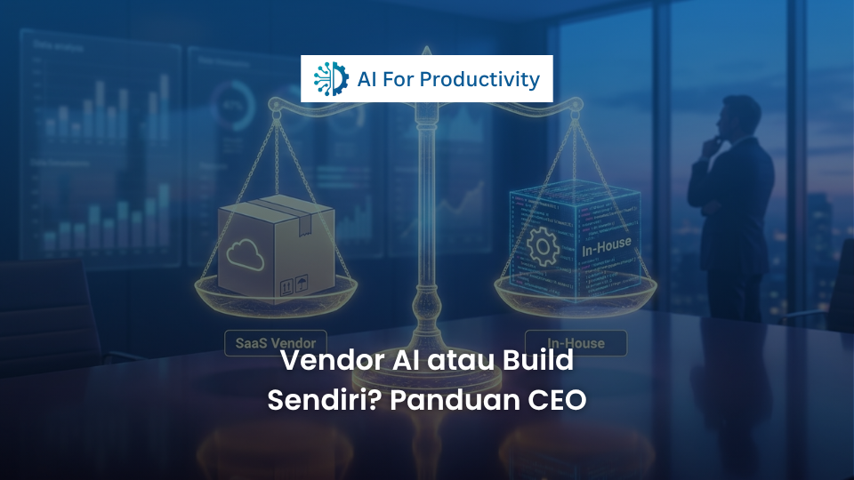 Ilustrasi timbangan digital yang menyeimbangkan ikon toko vendor perangkat lunak di satu sisi dan ikon roda gigi pemrograman in-house di sisi lain.